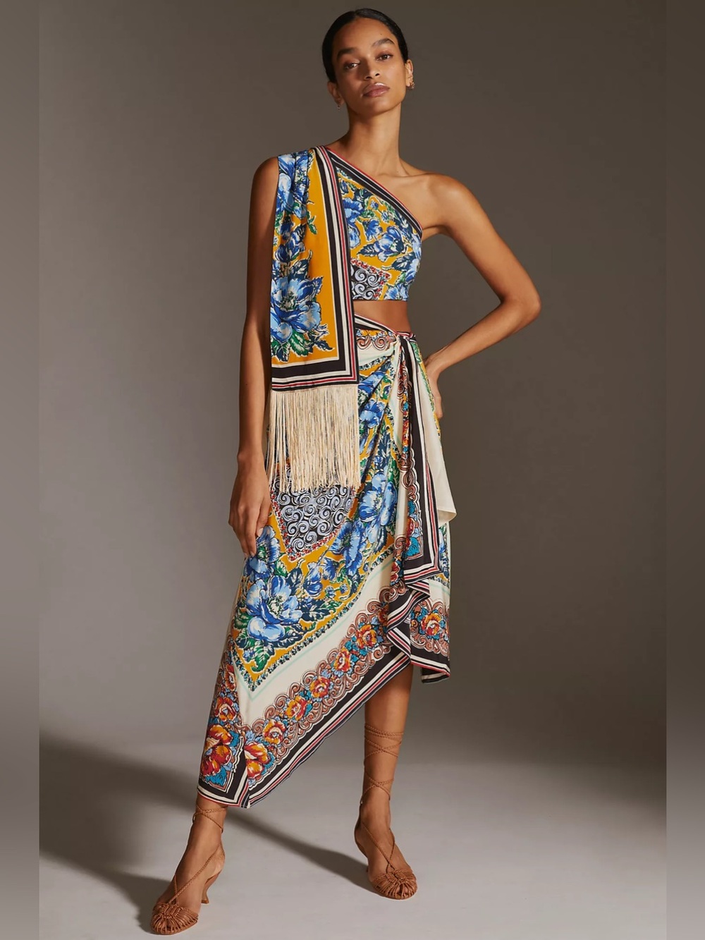 Anthropologie One-Shoulder Paisley & Floral Scarf Dress in Blue, Yellow, Cream